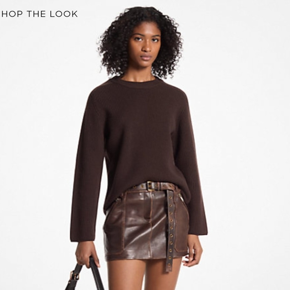 NWT Michael Kors Brown Ribbed Merino Wool Sweater